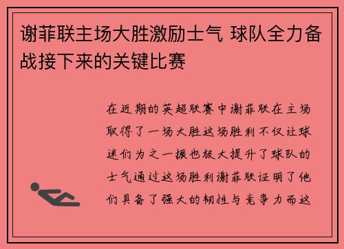谢菲联主场大胜激励士气 球队全力备战接下来的关键比赛
