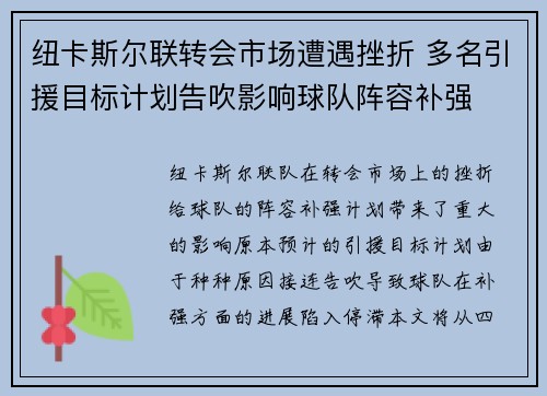 纽卡斯尔联转会市场遭遇挫折 多名引援目标计划告吹影响球队阵容补强