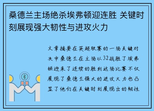 桑德兰主场绝杀埃弗顿迎连胜 关键时刻展现强大韧性与进攻火力